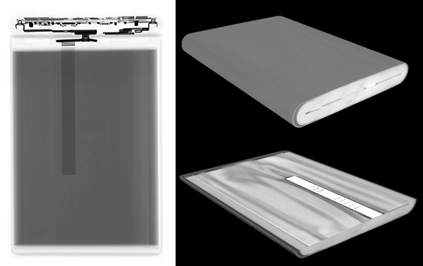 Two-dimensional digital x-ray radiograph (left) and 3D cross sections (right) from a CT scan of a common lithium ion battery design found in many cellphones and other mobile devices